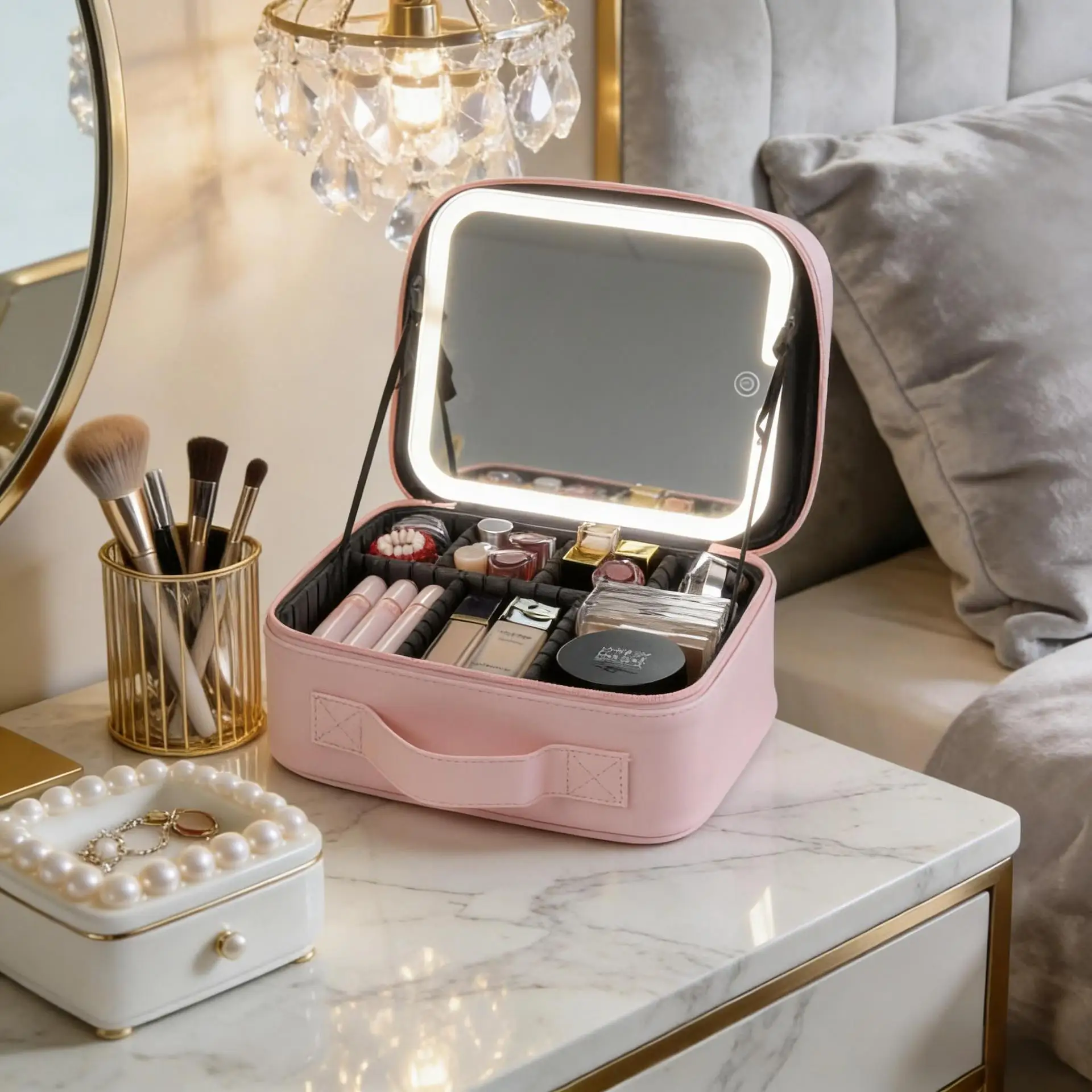 

Cosmetic Bag Led Light Mirror Cosmetics Makeup Pouch Bag Cosmetic Case Large Capacity Portable Multifunctional Storage Box
