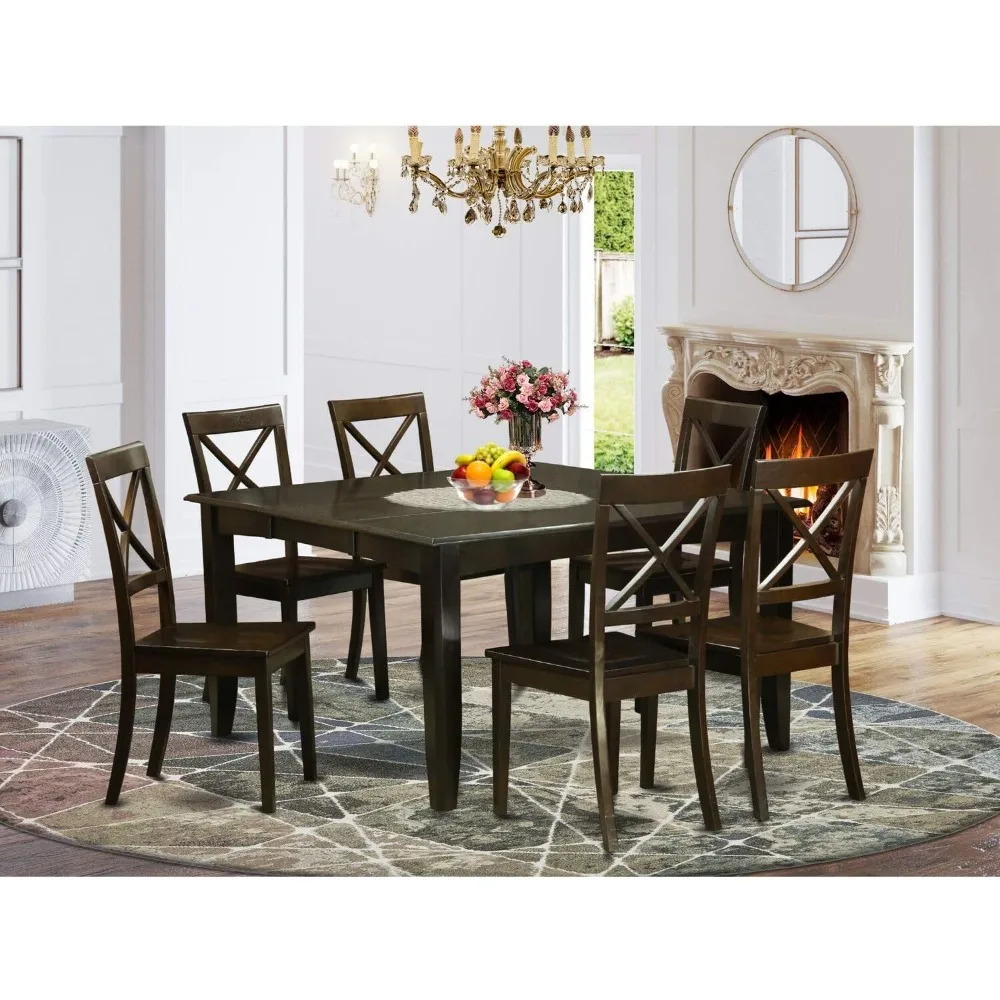 7 Piece Dining Room Table Set Consist of a Square Kitchen Table with Butterfly Leaf and 6 Dining Chairs, 54x54 Inch