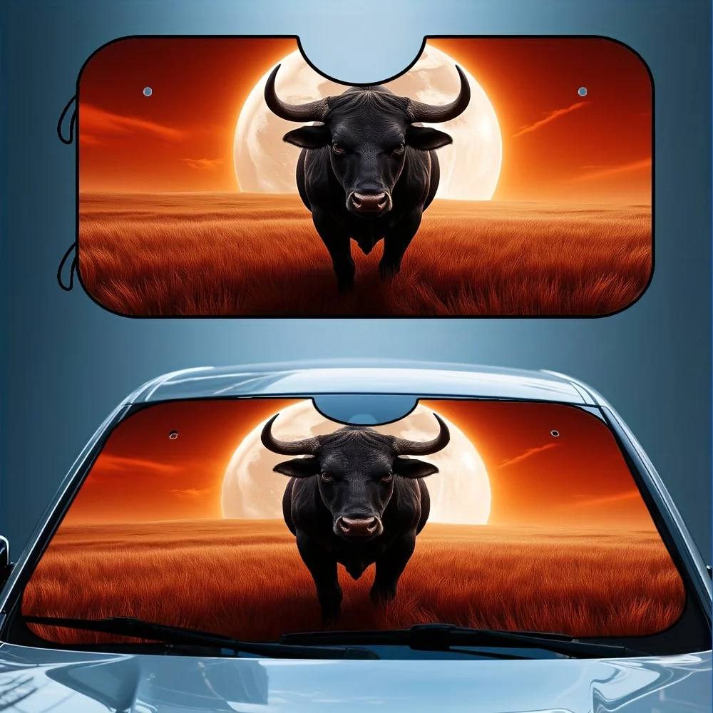 

1pc Black Bull Moon Night Print Car Windshield Sun Visor - Foldable, Easy Storage, Polyester Fiber, Perfect For City Commuting,