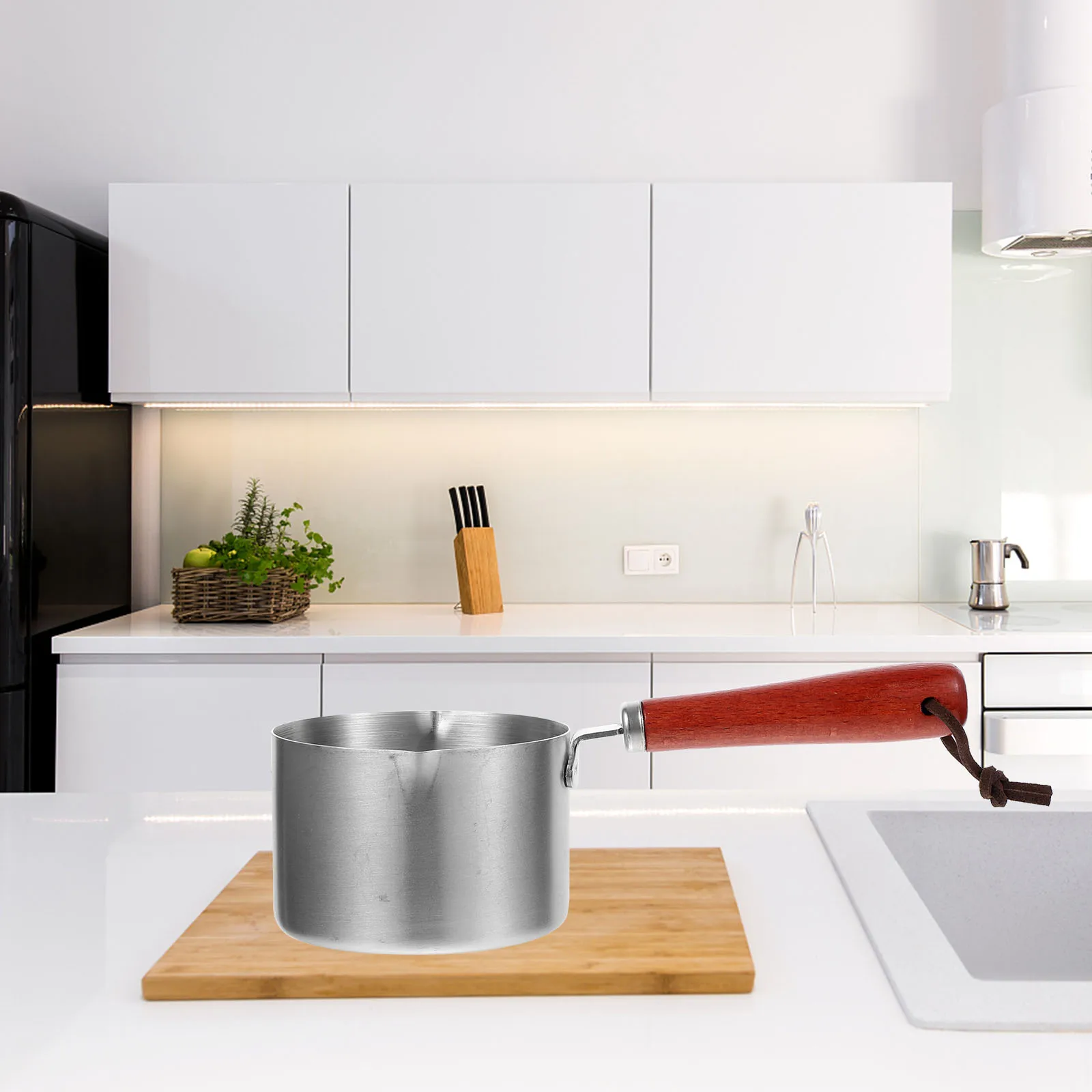 

1pc Stainless Steel Milk Pot Dual Pour Spout Oil Small Saucepan Wood Handle Heat Resistant Melting Butter Coffee Warmer Kitchen