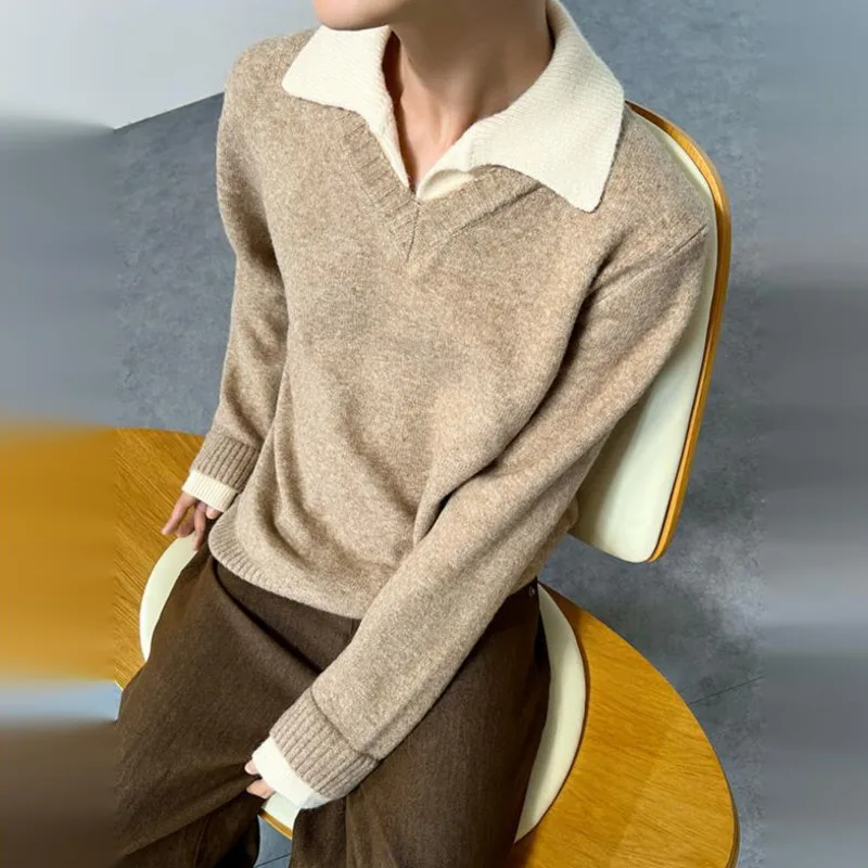 WVGA Autunno Inverno Nuovo Uomo Marea Falso in Due Pezzi Color-Block Colletto Alla Moda Maglioni Nicchia Chic Casual Maglia di Lana Magliette e camicette Ins W13800