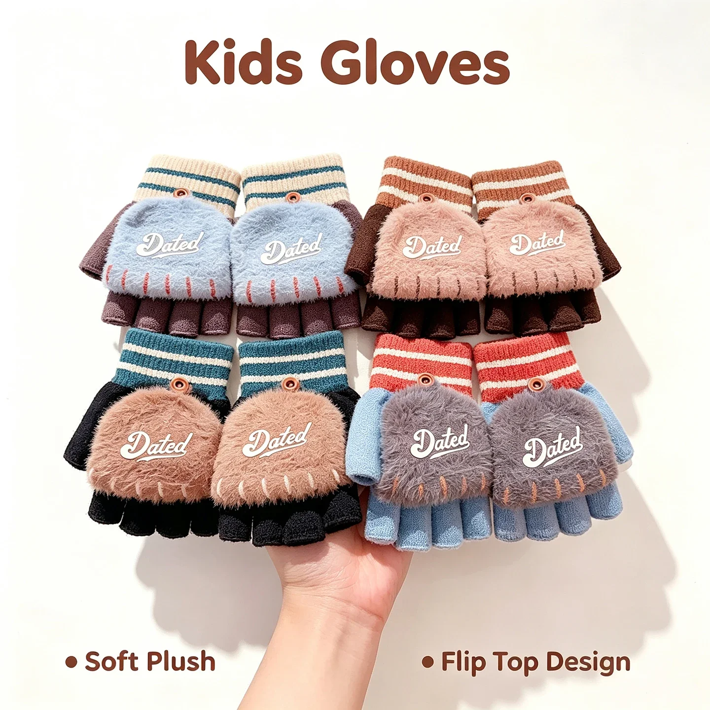 Kids 2 in 1 Convertible Flip Gloves Toddler Half Finger Knit Fleece Mittens Striped Cuff Kids Fingerless Glove For Boys Girls