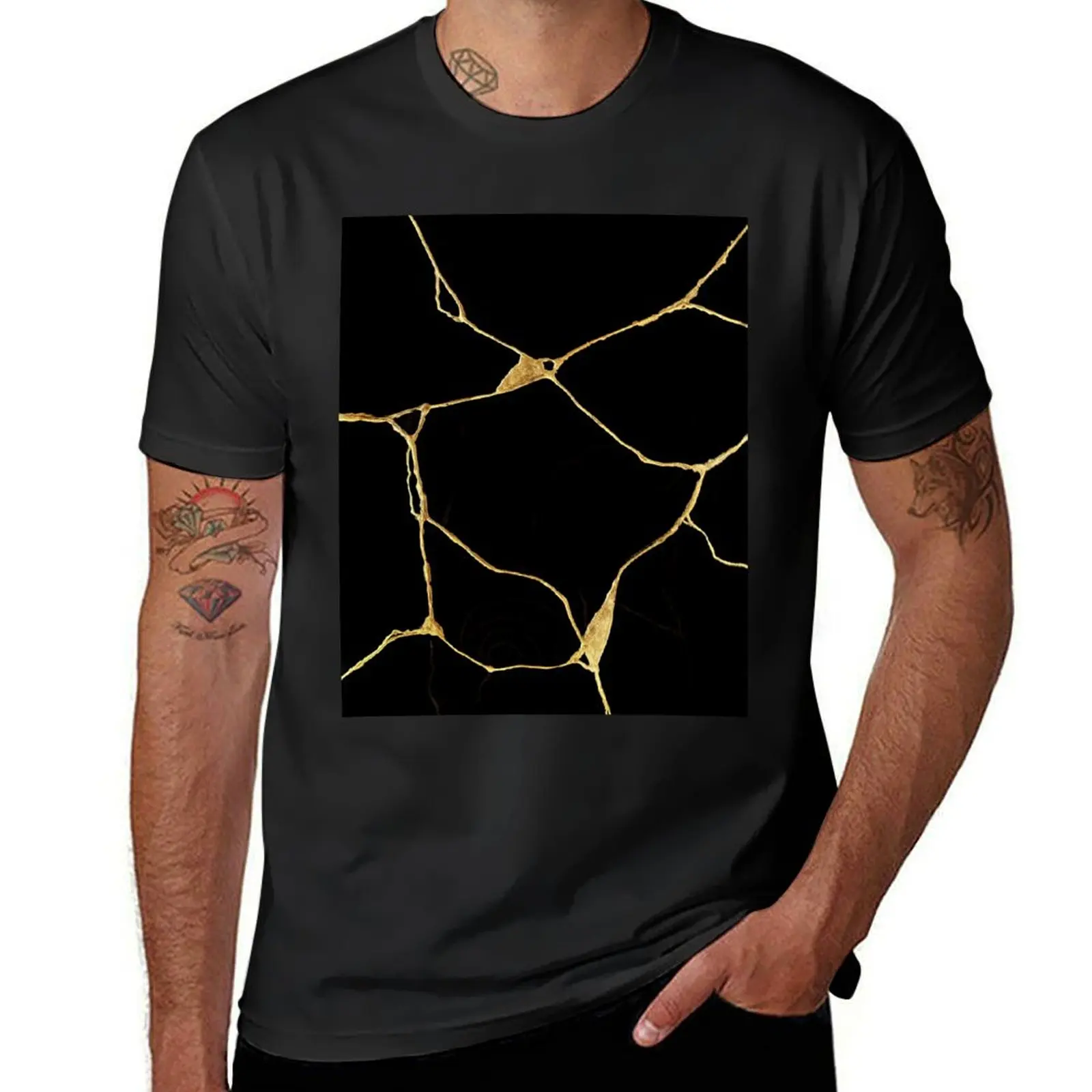

Japanese Black and Gold Kintsugi Art T-Shirt summer shirt boys whites kawaii clothes Aesthetic clothing t shirts for men cotton