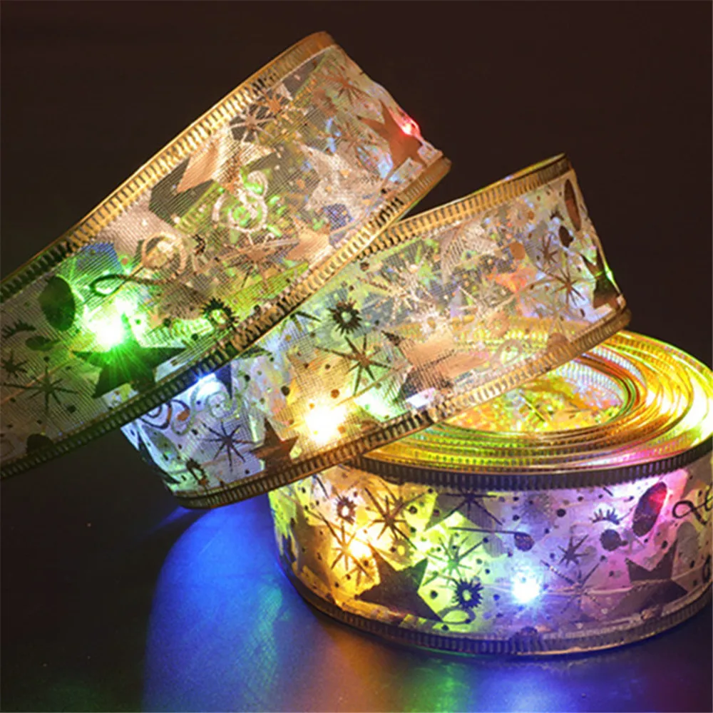 2027 LED Ribbon Decoration Lights 2-10m Christmas Tree Decoration Ornaments Lace Bows String Lights Navidad Home Decors New Year