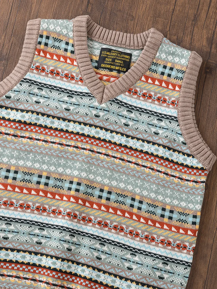 Retro American Fair Isle Pattern Knitted Wool Sweater Vest Men's British Style V-Neck Pullover Thick Autumn Fashion City