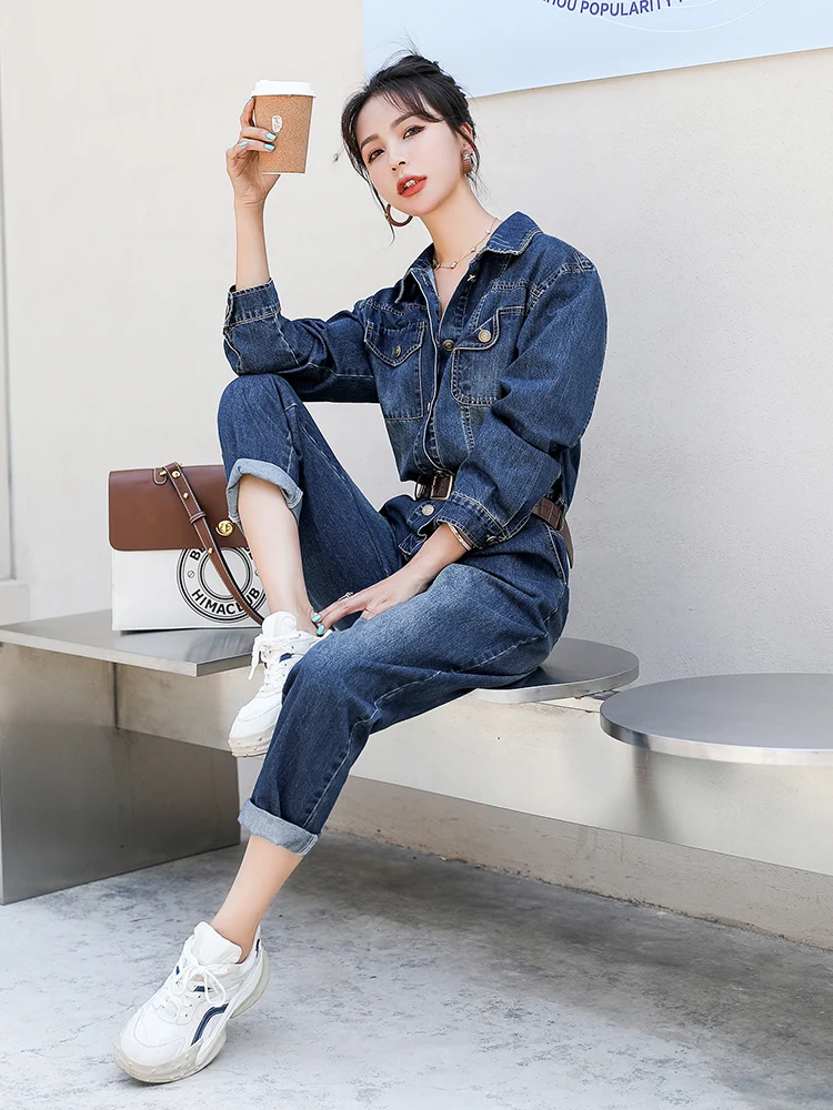 Modny dżinsowy kombinezon damski, casualowy, dopasowany, wiosenno-jesienny, nowy, z wysokim stanem, spodnie z prostymi nogawkami.