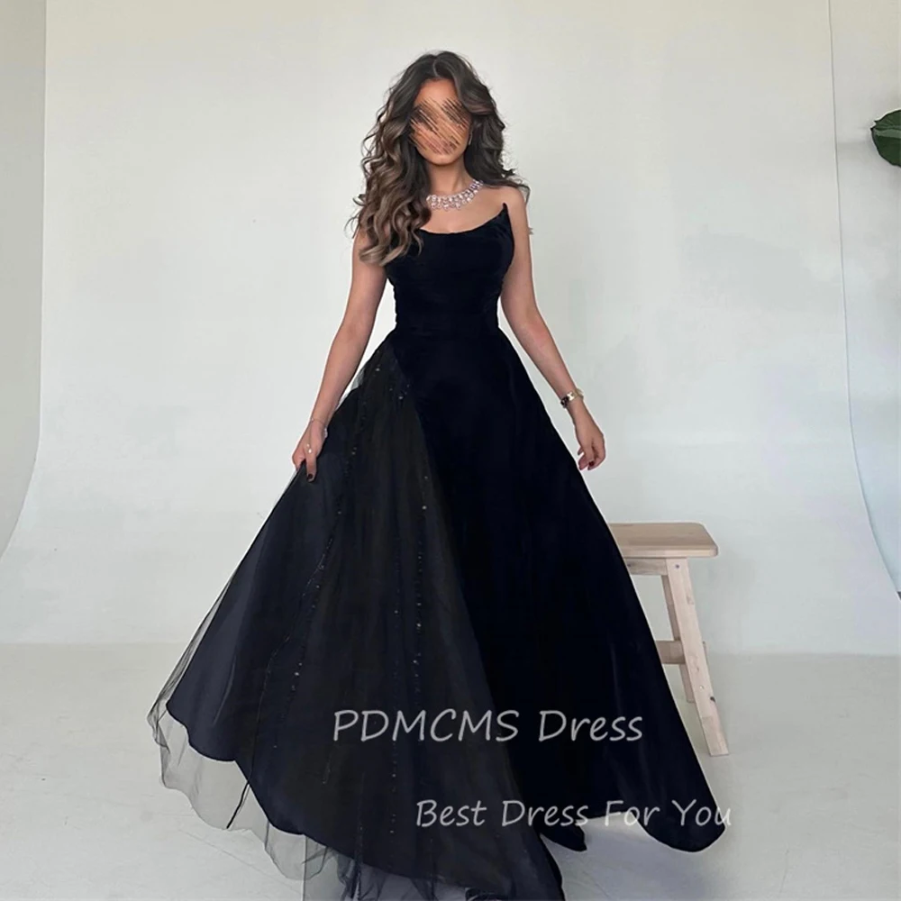 

SSYTENS Velvet Arabic Evening Party Dresses Strapless Sequined Tulle Dubai Prom Gowns A Line Chic Special Occasion Event Dress