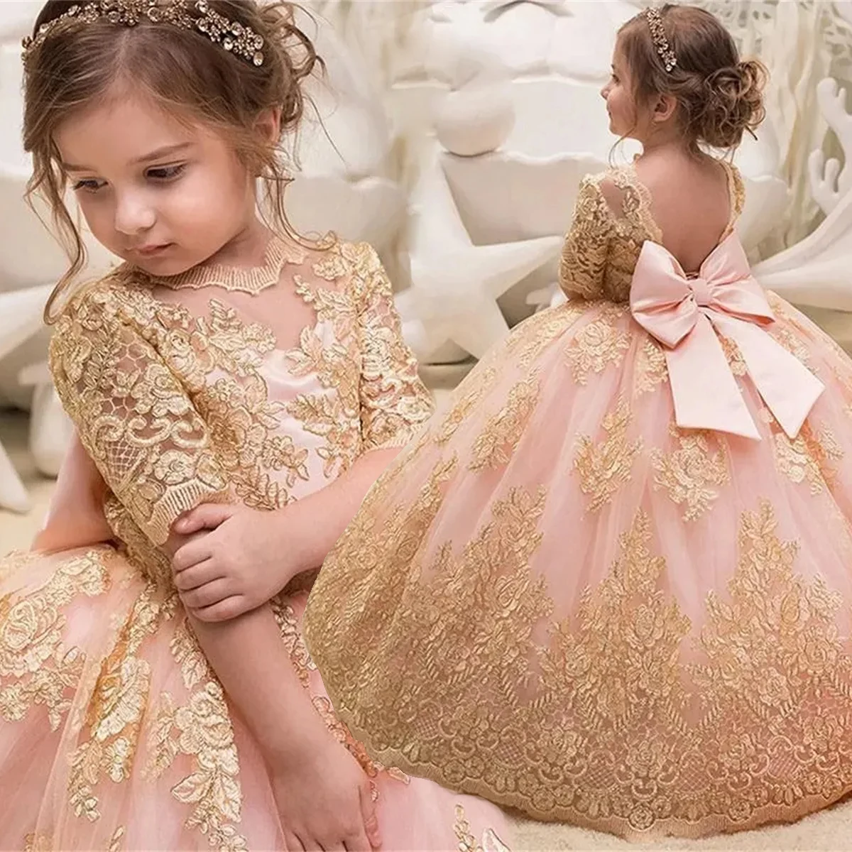 Girls Princess Pageant Dresses With Satin Bow Gold Lace Appliques Flower Girl Dress Half Sleeves Open Back Wedding Party Gowns