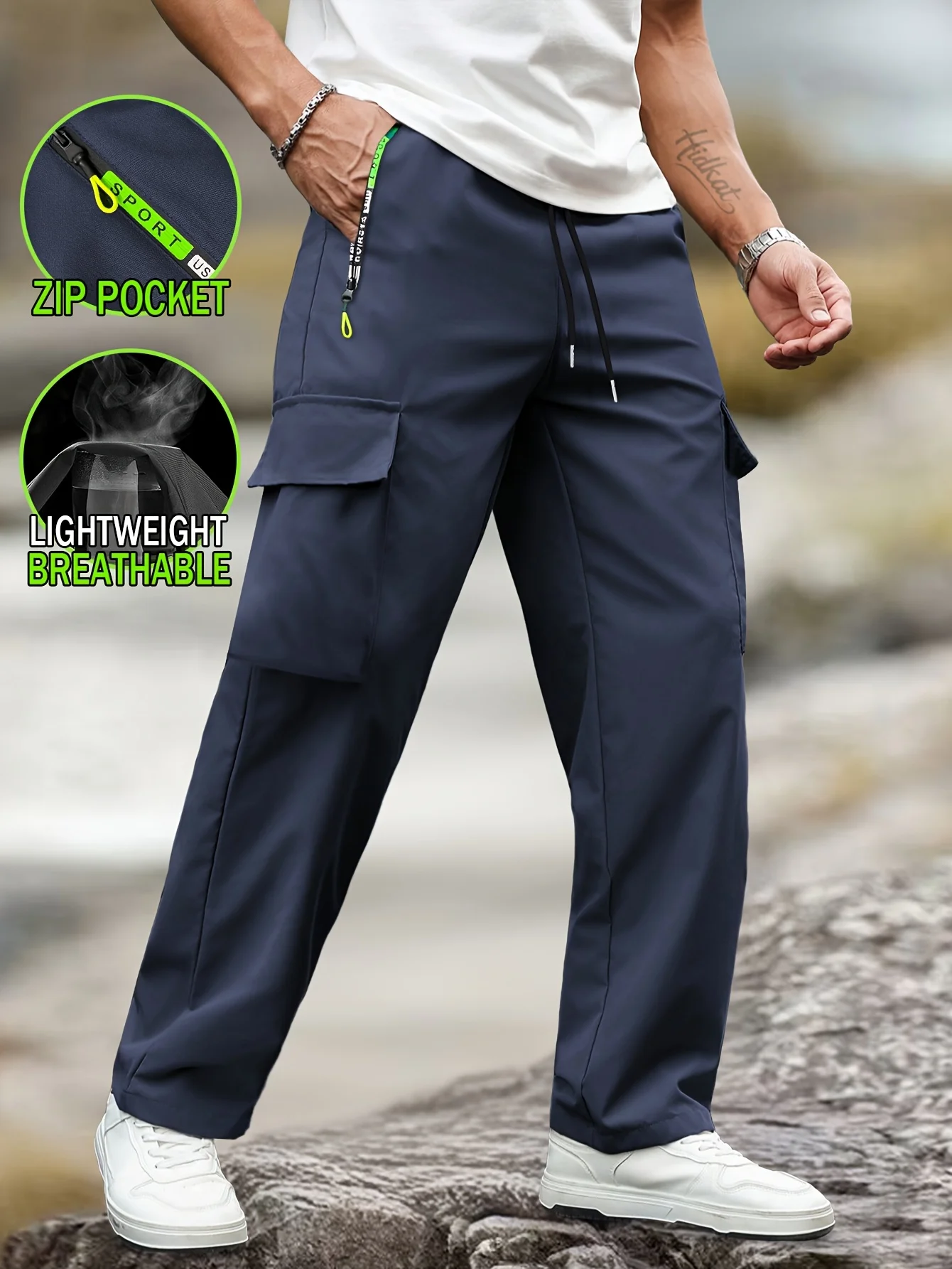 

Мужские стильные повседневные однотонные брюки-карго с завязками на талии и карманами на молнии, идеально подходящие для модных видов спорта