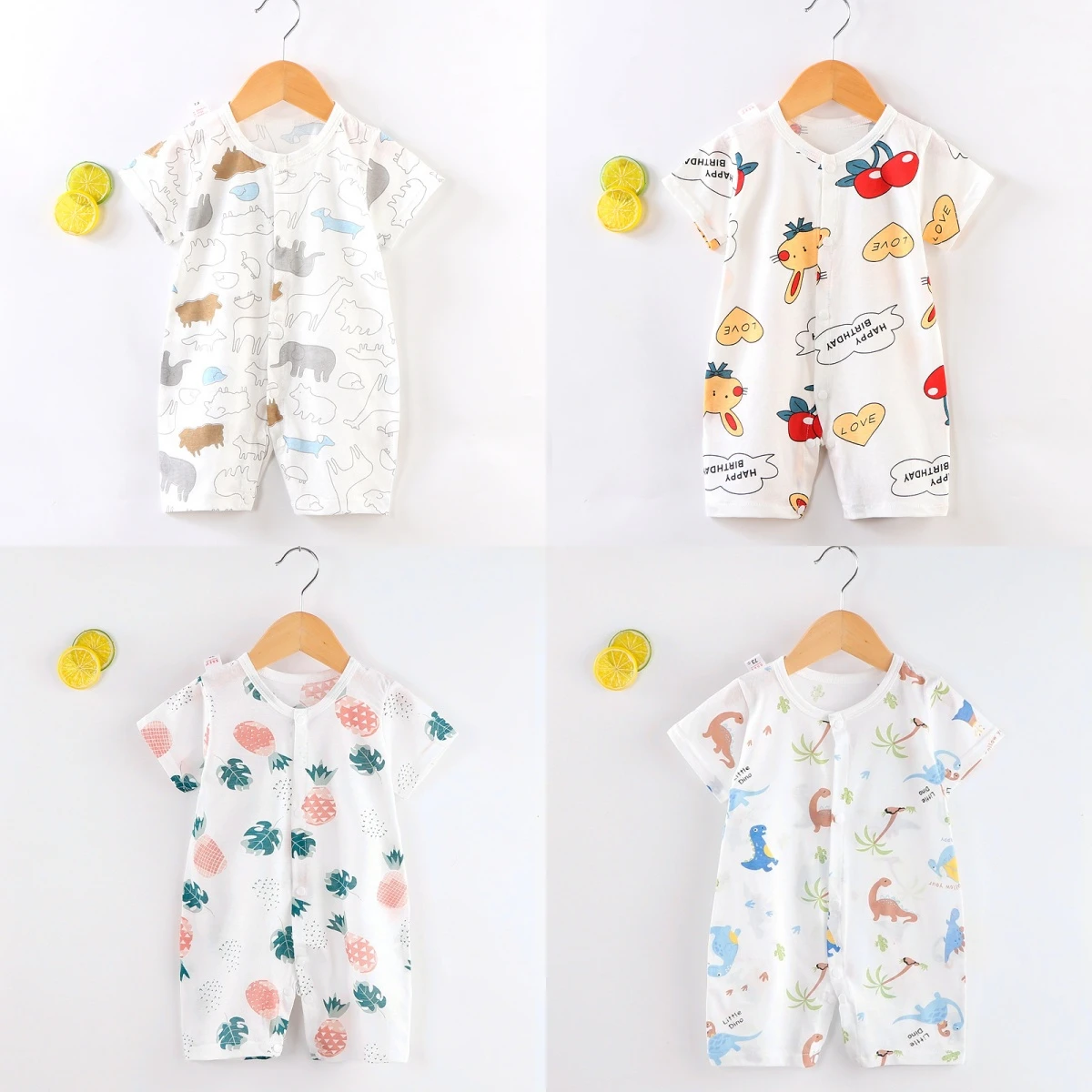 Infant Clothes 0-24Months Baby Boys Girls Thin Bodysuit Cartoon Full Print Shorts Pajamas Loose Cotton Home Wear Lovely Rompers