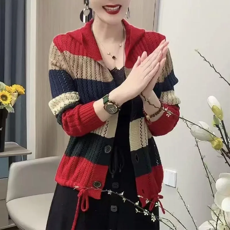 Women Clothing Fashion All-match Patchwork Knit Cardigan Autumn Winter New Casual Loose Hollow Out Button Sweaters Lady Y2k Tops