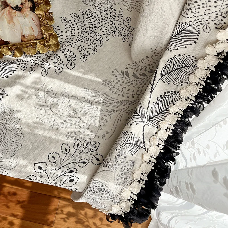 1Pc French Vintage Botanical Semi‑Blackout Curtain Black‑White Ruffle Lace Trim Rod Pocket for Bedroom Living Room Home Decor