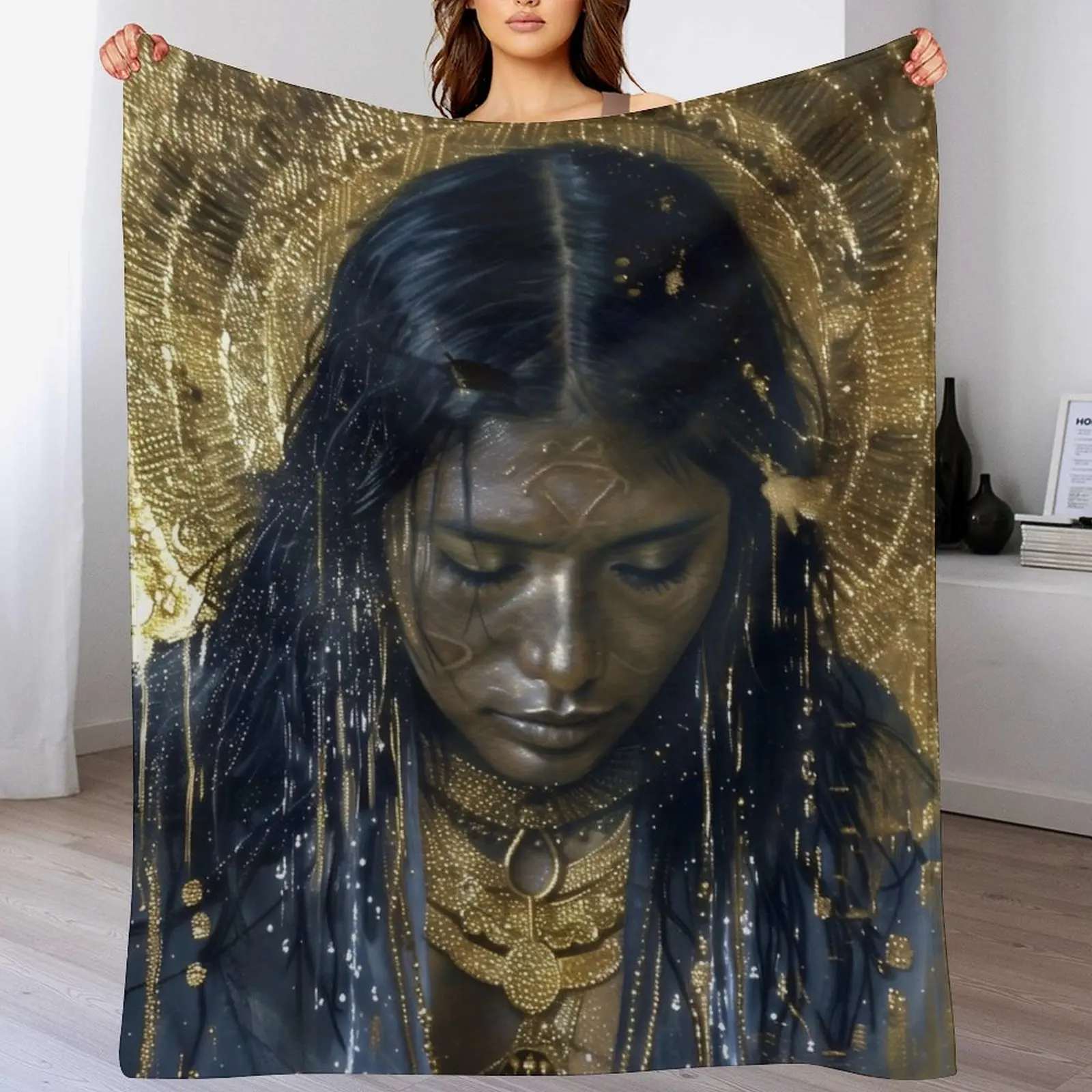 Taino Goddess Atabey Surreal Gold Art Throw Blanket Travel Size Cozy Blanket for Plane Train