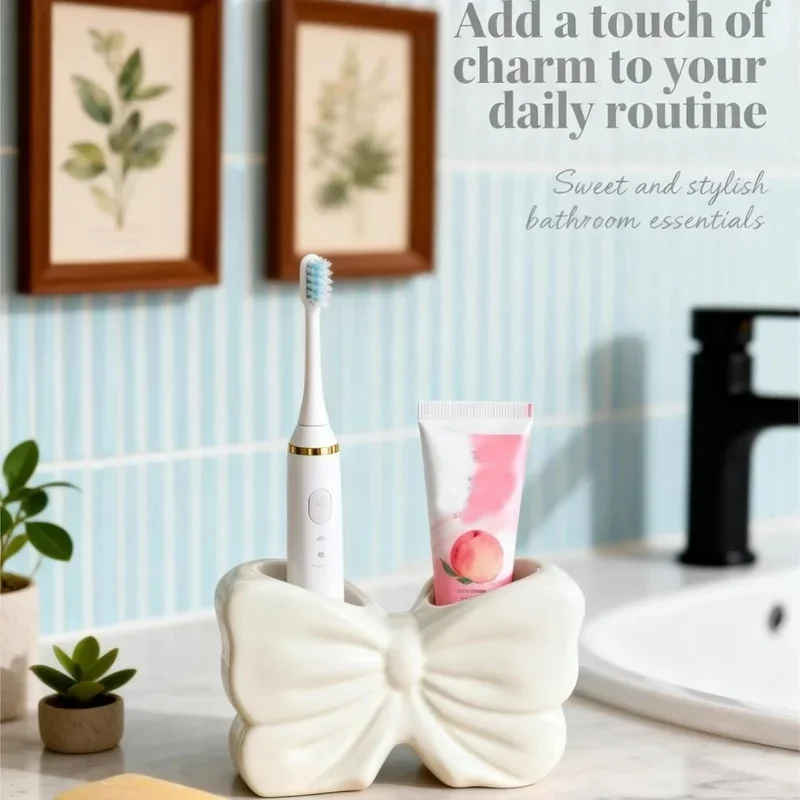 Cute Pink Bow Plastic Toothbrush Holder with 2 Slots Designed for Storing Bathroom and Makeup Brushes.