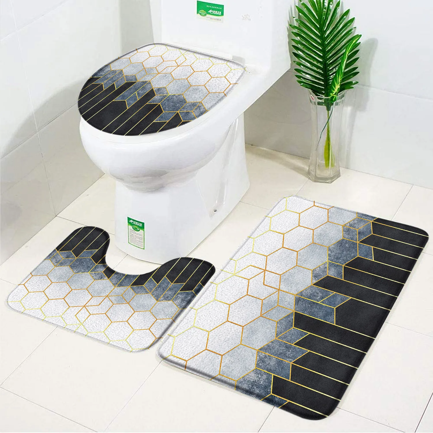 Black Marble Bath Mat Set Modern Abstract Gold Line Texture Pattern Bathroom Decorative Non-Slip Carpet Rugs Toilet Lid Cover