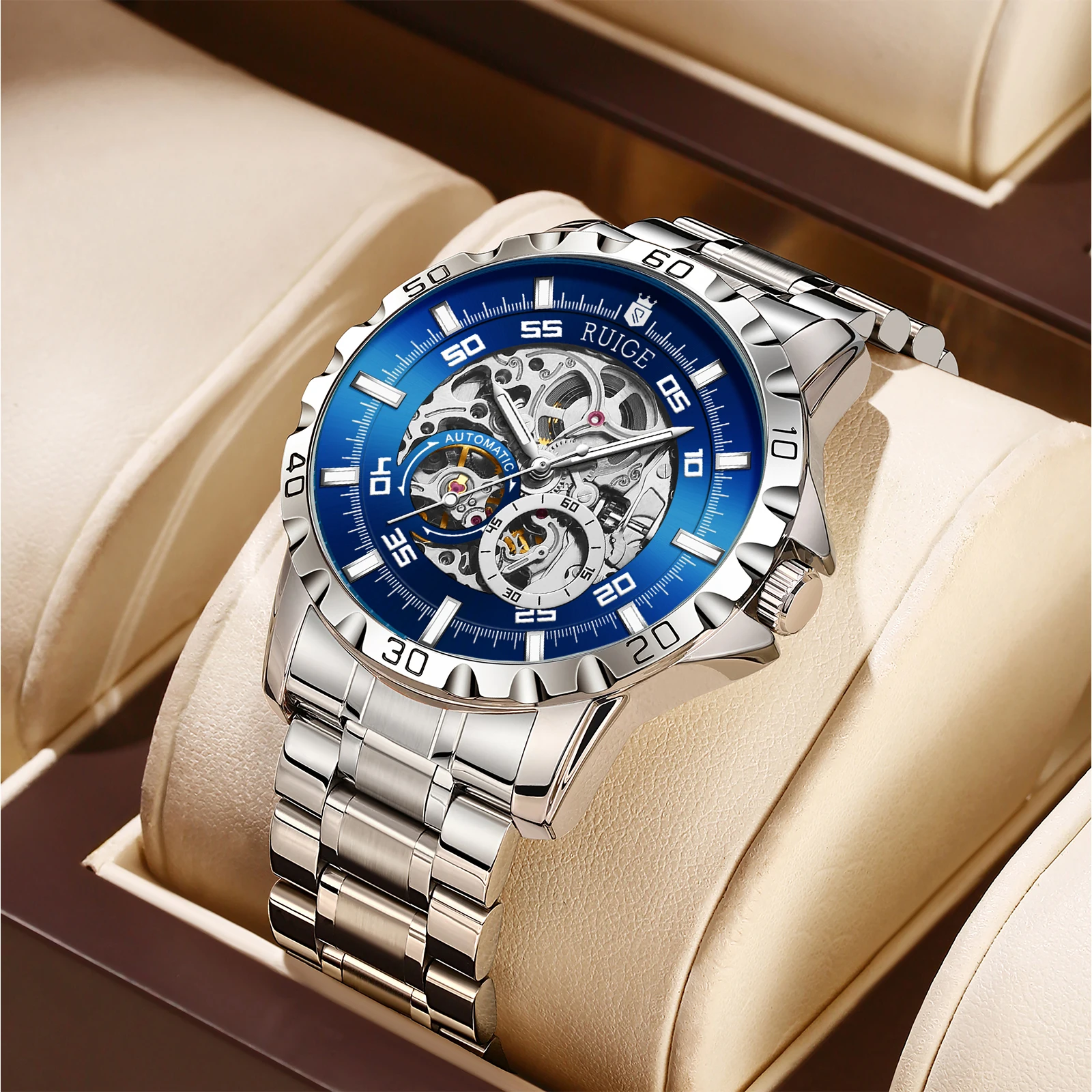 

RUIGE высококачественные двусторонние полые мужские полностью автоматические механические часы из нержавеющей стали, мужские светящиеся водонепроницаемые часы