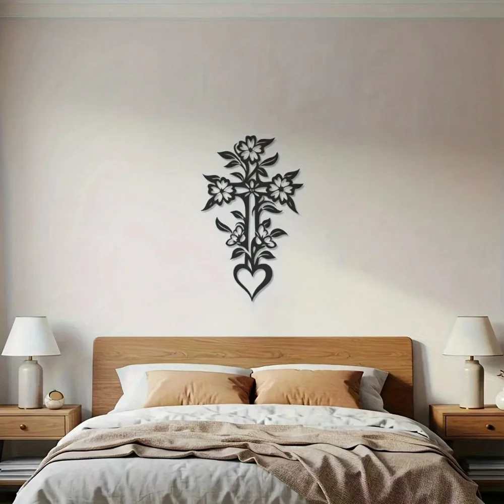 Metal Cross Wall Decor with Flowers Hearts, Rustic Christian Home Decor for Living Room Bedroom, Inspirational Housewarming Gift