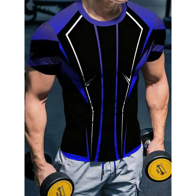 Sci-Fi Blue Black Tech Line Fitness T-Shirt, Quick-Dry Breathable High-Elastic Short Sleeve, Riding Sports Training Running Wear