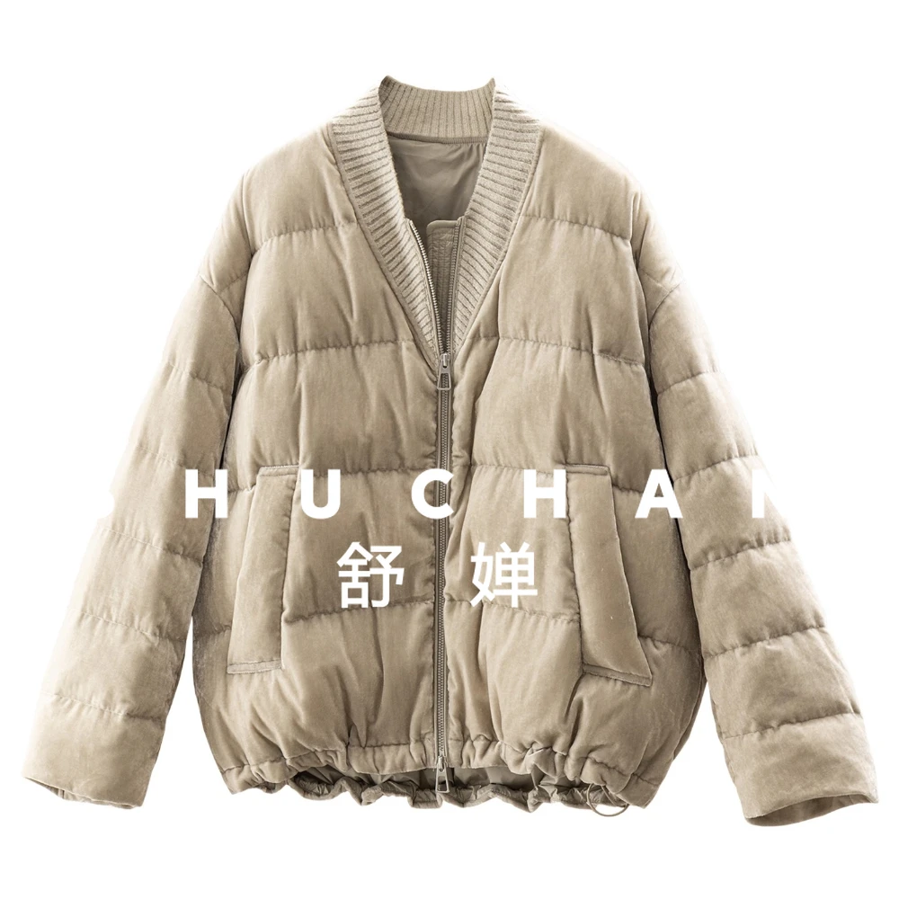 

Old Money High-quality Velvet 90 Goose Down V-neck Down Jacket Women's 7Y66 Casacos De Inverno Feminino