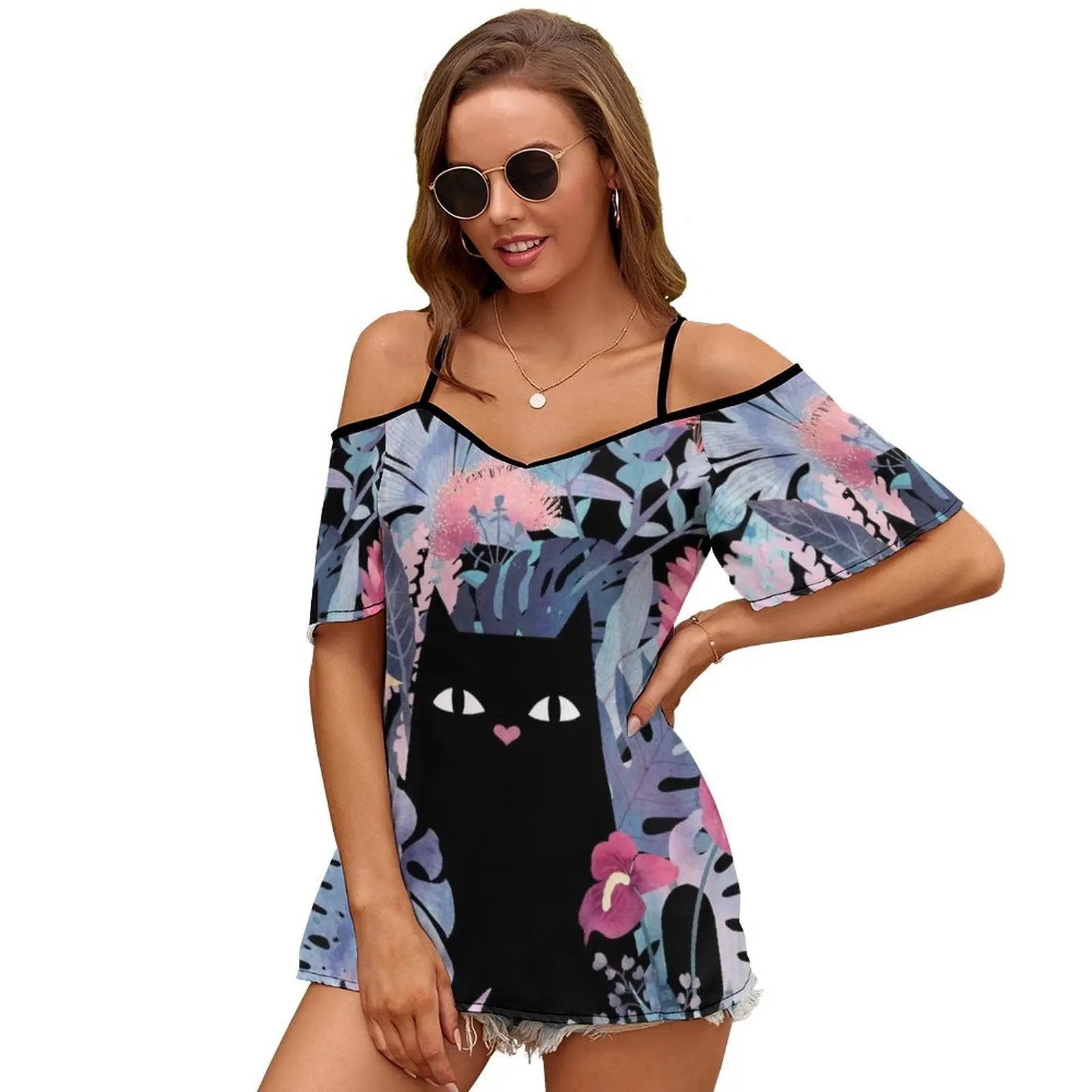 Popoki (Pastell Schwarzer Samt) Damen Reißverschluss Sexy Bedruckte Vintage T-Shirts Tops Volldruck T-Shirt Katze Schwarze Katze Kitty Hawaii