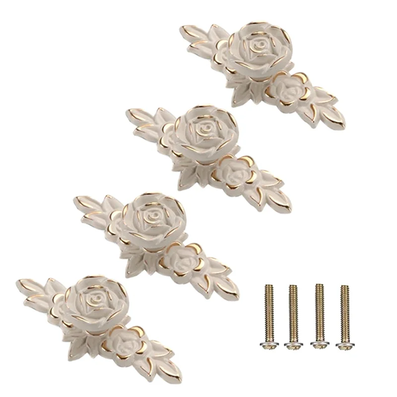 4 Pcs Euro Roses Cabinet Knobs with Backplate, Flower Drawer Pull Handles for Dresser Vanity Nightstand Cupboard