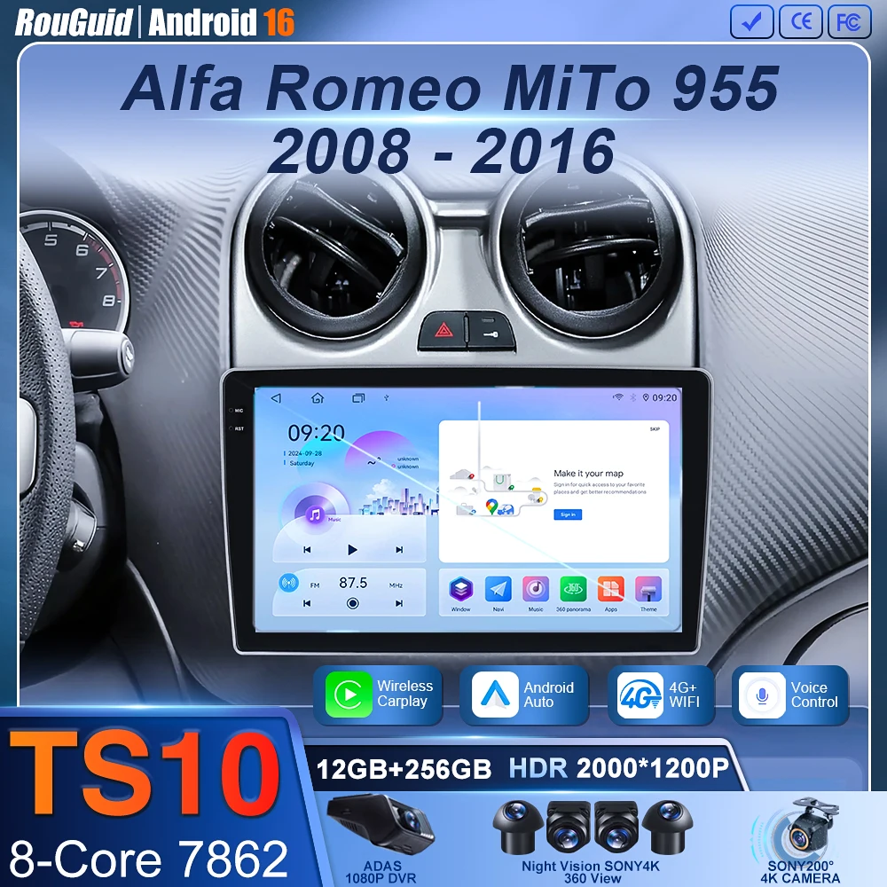 Android 16 Radio estéreo de coche para Alfa Romeo MiTo 955 2008-2016 Auto Cireless Carplay navegación GPS reproductor de vídeo Multimedia 2Din