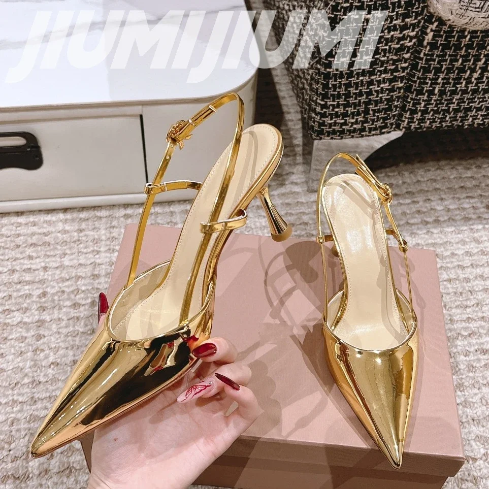 2024 Summer News Top Quality Patent Leather Pointed Toes High Thin Heels Pumps Handmade Solid Slingbacks Office Lady Shoes Woman