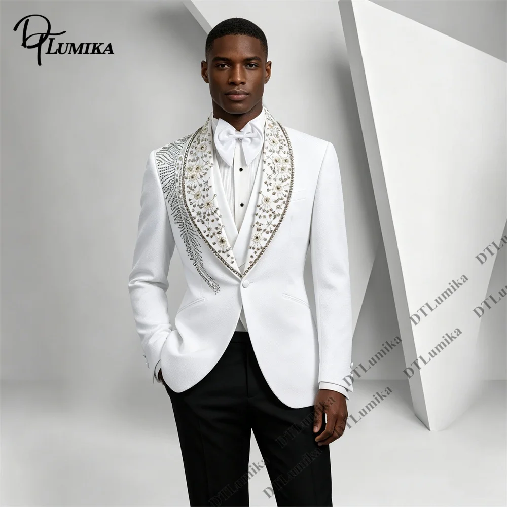 

Floral Beaded Tuxedo Suit 3 Piece, Crystal Embellished Shawl Lapel Blazer Vest Pants Set, Luxury Wedding Groom Prom Party Wear