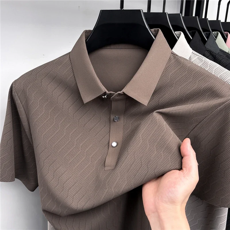 Business daily mens lapel polo t shirt continuous wavy jacquard sweat resistant cool lightweight summer basic wear clothing