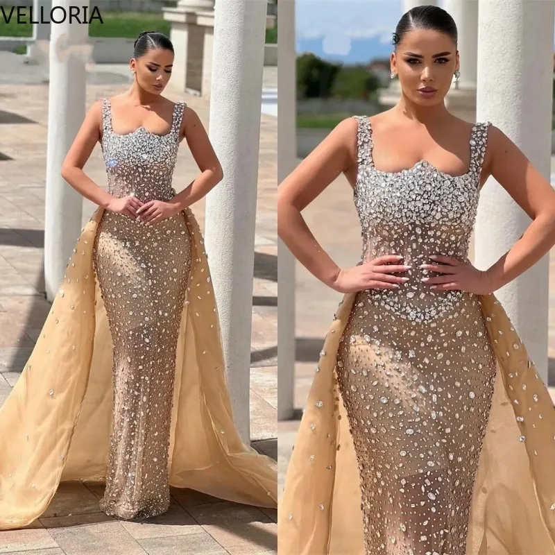 

Sparkly Evening Dresses For Women Spaghetti Straps Sleeveless Ball Gown Crystal Detachable Train Party Dress vestido Customized