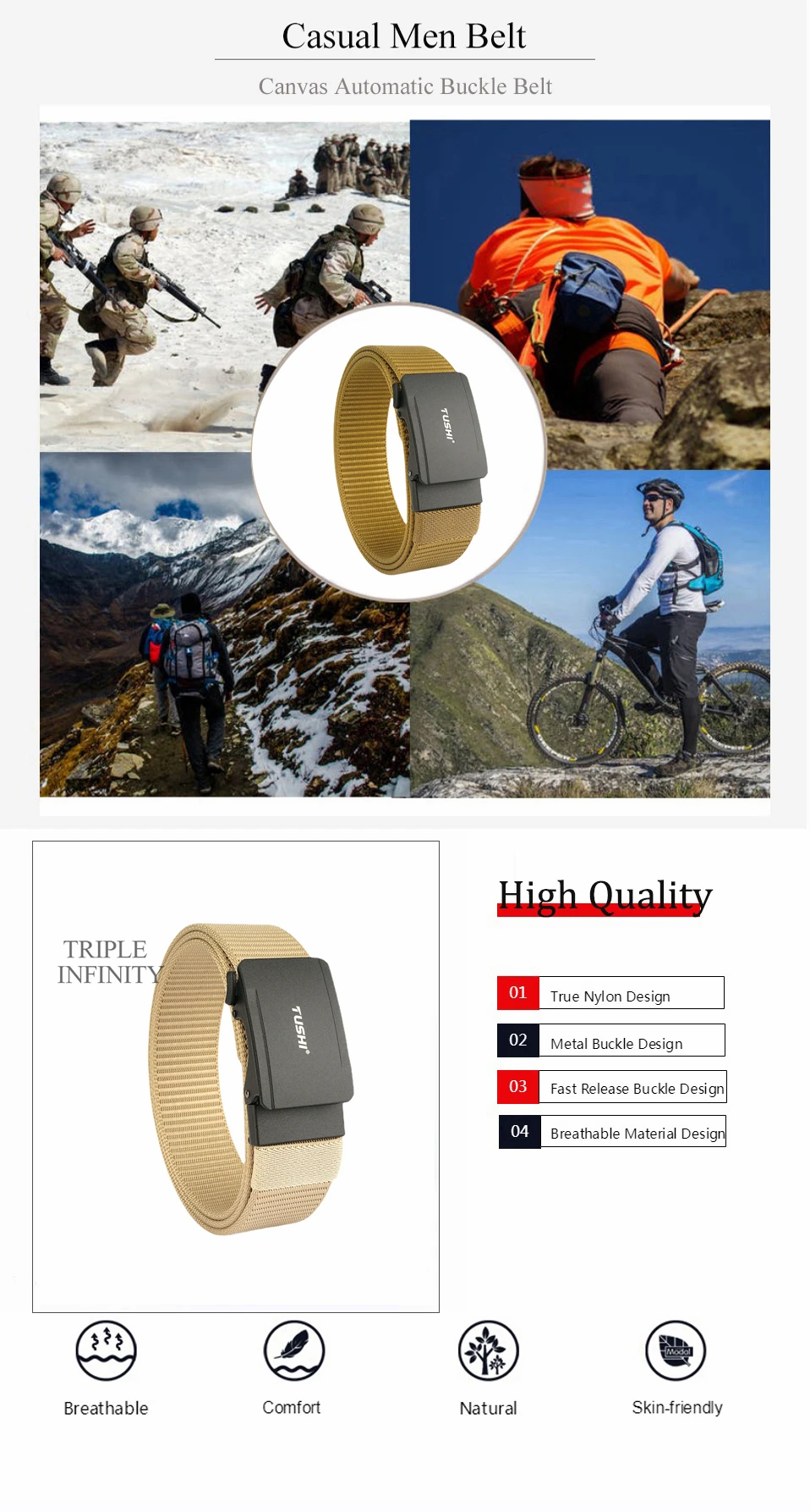 New Metal Automatic Buckle Nylon Tactical Belts For Men Adjustable Trousers Waistband Outdoor 3.8cm Width Sports Belt Quick Dry