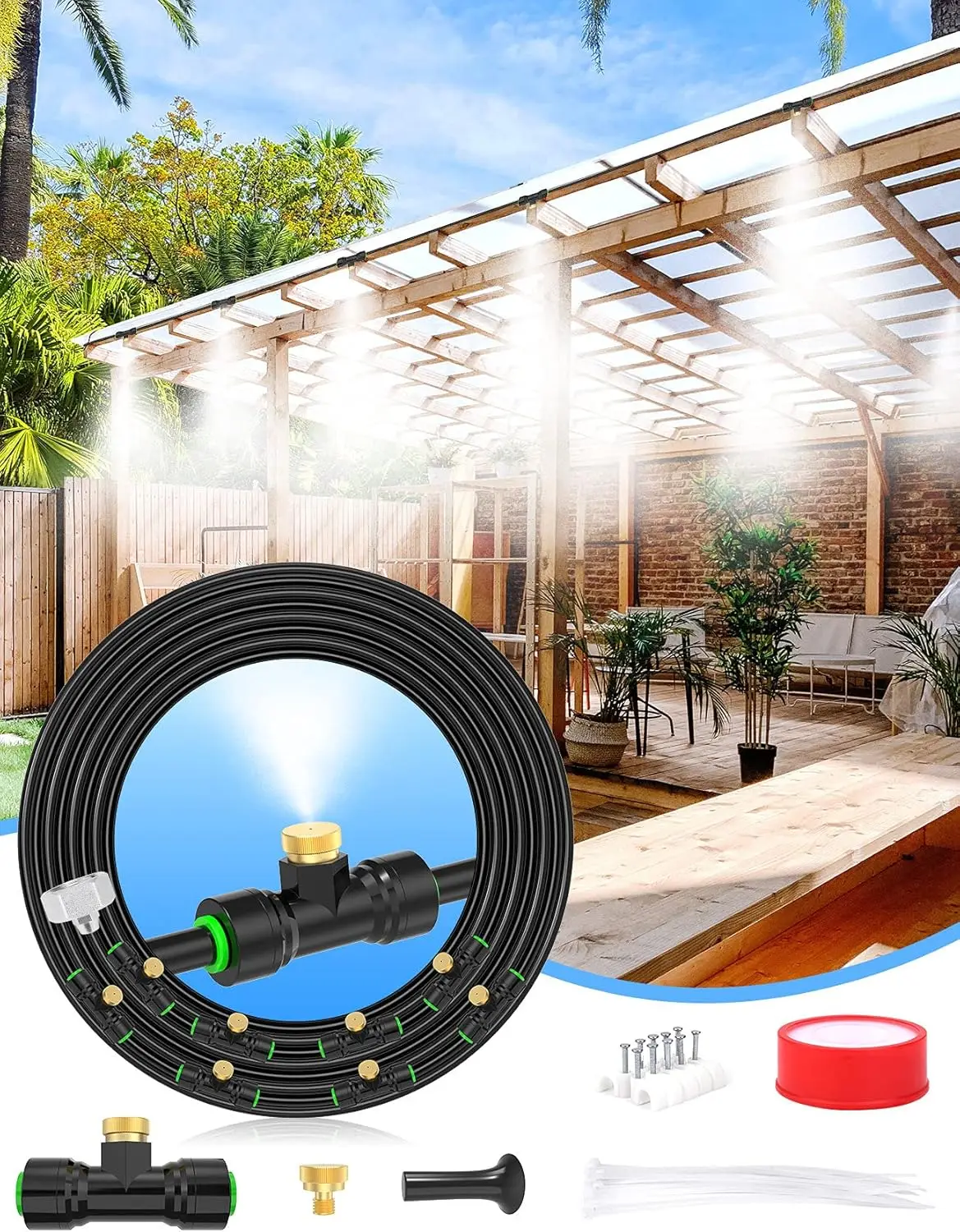 

27.5FT Outdoor Misting Cooling System with 8 Brass Nozzles & Adapter for Patio, Garden, Greenhouse