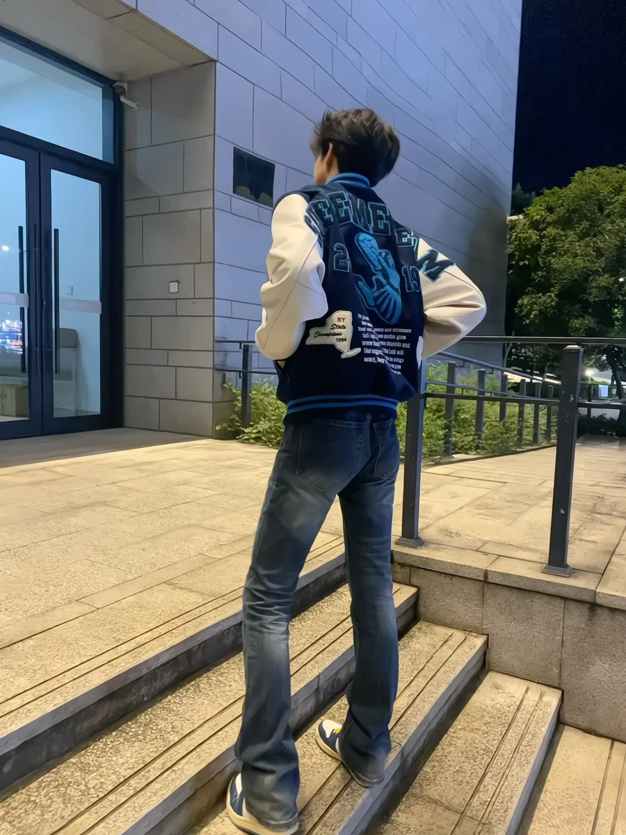 

Thiened Cotton Baseball Jaet Men's Autumn Winter Loose Fit Embroidered Lettering Warm Sli Outerwear Youth Trend