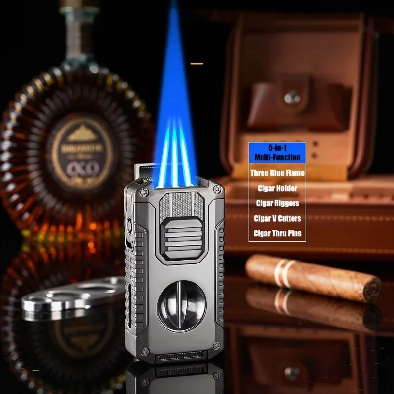 Novel 5-in-1 Cigar Lighter Triple Jet Blue Flame Butane Refillable With V Cutter Punch Holder Adjustable Flame Men Festival Gift