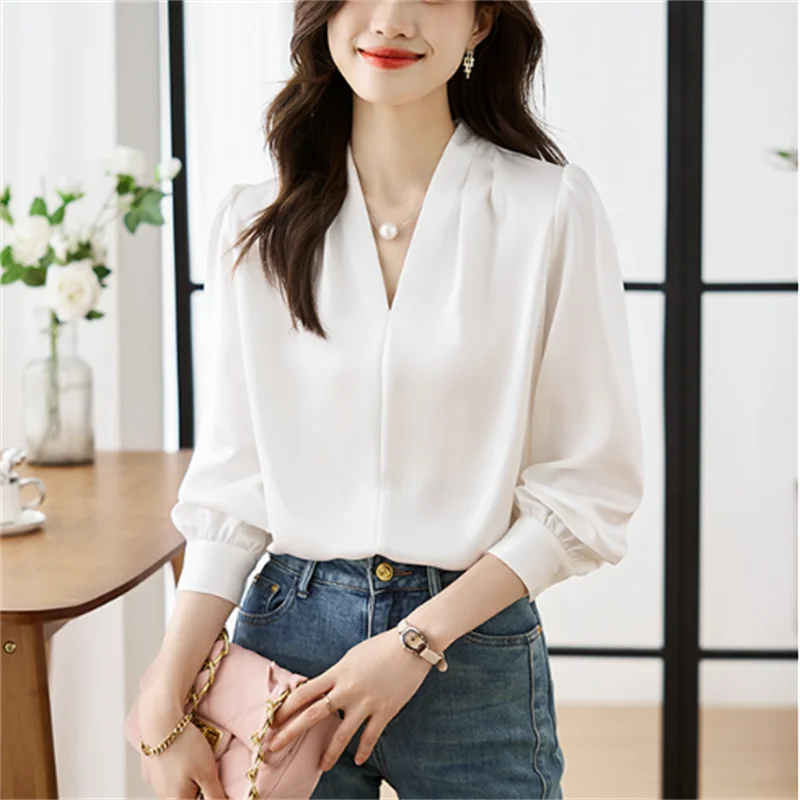 

V-neck Pullover Shirt For Women Blouses Satin Top Loose Long Sleeve Female Clothes Shirt OL Commuting Solid color Pleated Blous