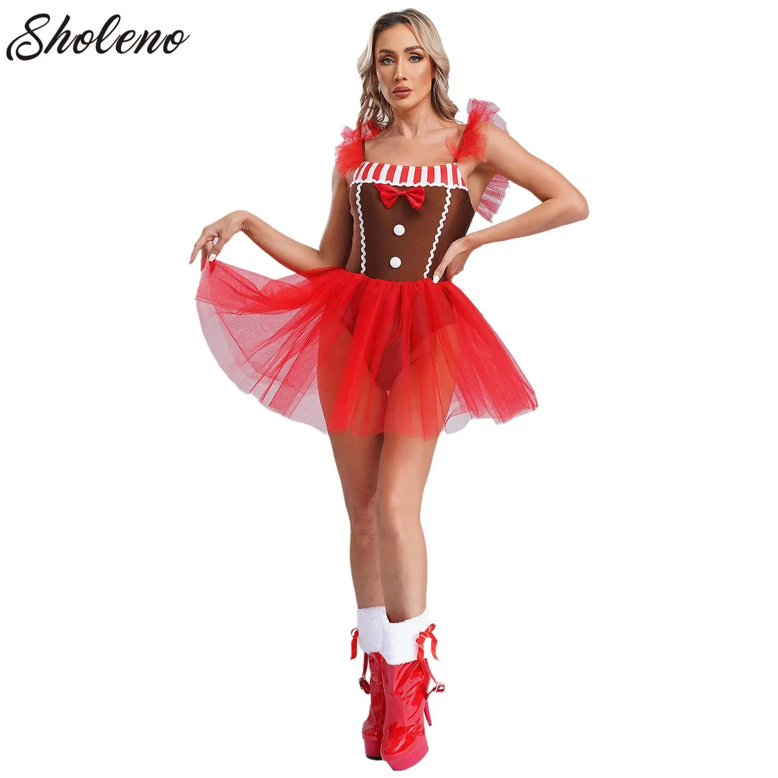 

Womens Christmas Gingerbread Man Costume Santa Ballet Dance Leotard Tutu Dress Halloween Santa Claus Performance Dancewear