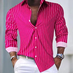 Men'S Striped Shirts Long Sleeve Shirt For Man Streetwear Style Pink Shirt Social Dress Male Outfits Club Party Button Shirt Top