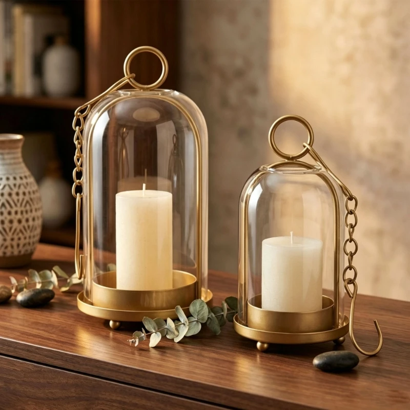 Windproof Holder Set of 2 with Clear Glass Dome Covers, Metal Bases, Dining Table and Wedding Centerpiece, Hanging 87HA