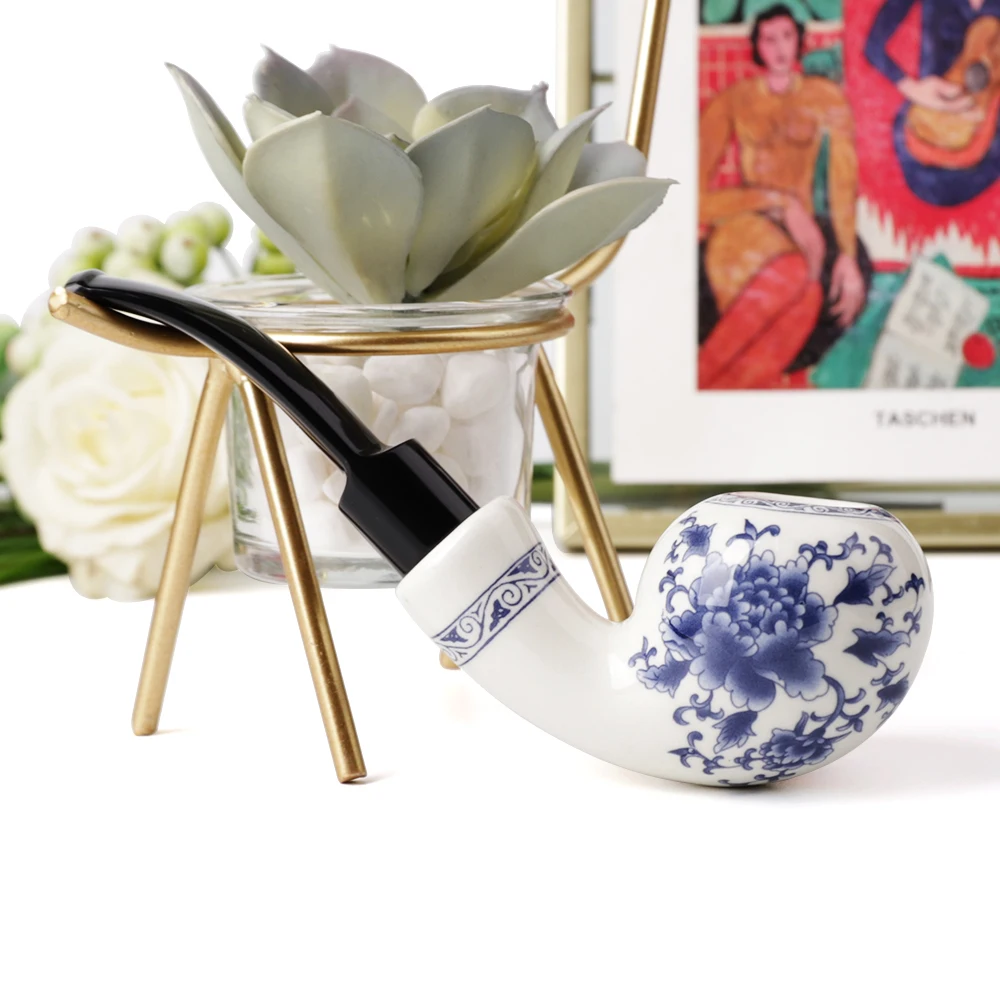 RU MuXiang Blue and white porcelain tobacco pipe , 9mm filter element smoking pipe , Chinese style ceramic pipe , pipe holder