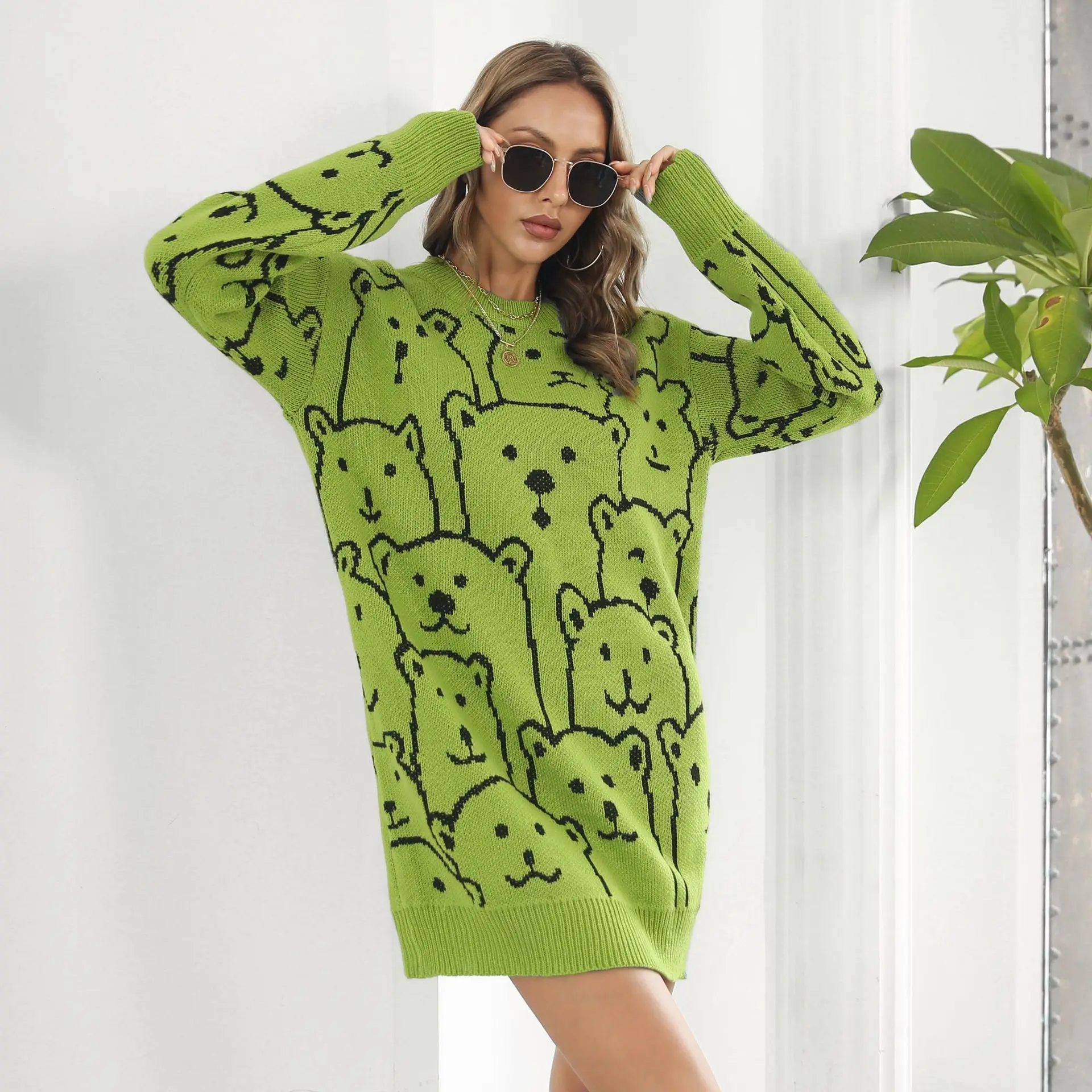 

NewKnitted Dress Women Autumn Winter Casual Bear Print Long Sleeve Pullovers Sweater Mini Dresses Female Plus Size Warm Vestidos