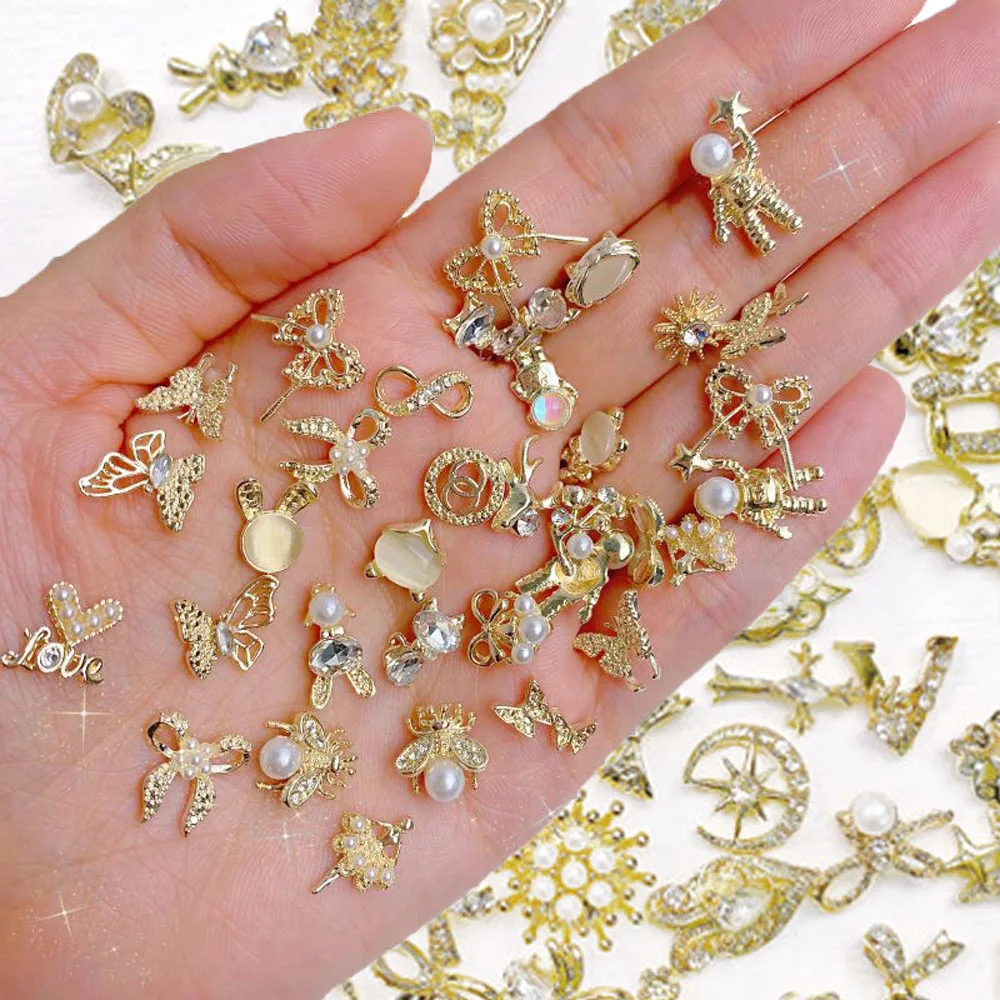 

3D Alloy Gold/Silver 10PCS Random lot Charms for jewelry Making Nail Art Decorations Luxury Rhinestone Dangle Stones Gems Bulk