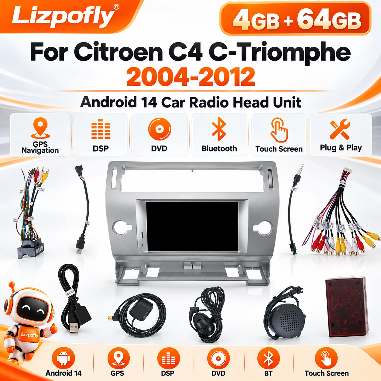 Lizpofly for Citroen C4 C-Triomphe 2004-2012 Android 14 4GB 64GB GPS Nav DSP DVD BT Touch Screen Car Radio Head Unit