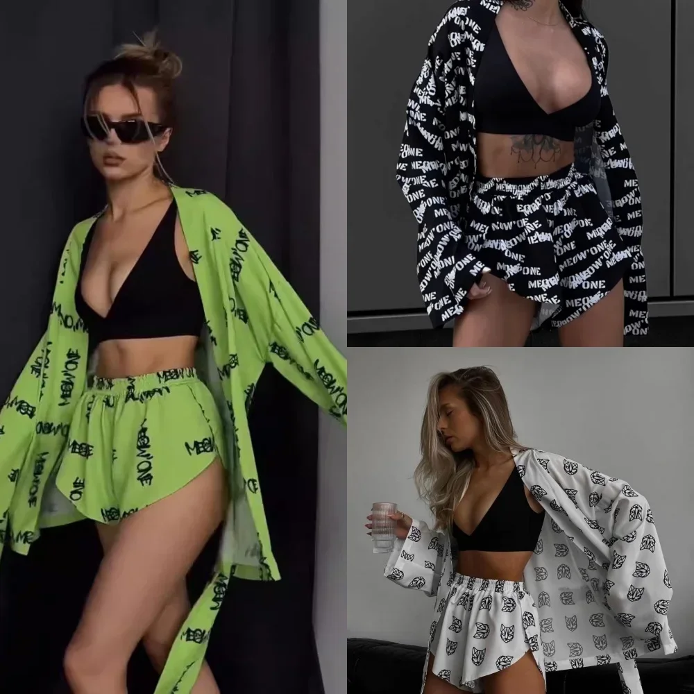 

Fashion Loose Print 2 Piece Sets Womens Outfits Casual Lace-Up Long Sleeve Robes with High Waist Shorts Set Homewear
