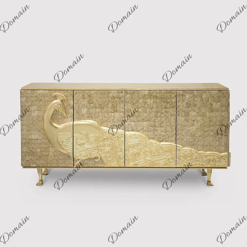 Nordic Luxury Solid Wood Gold Peacock Carved Entrance Cabinet Sideboard Storage Shell TV Cabinet