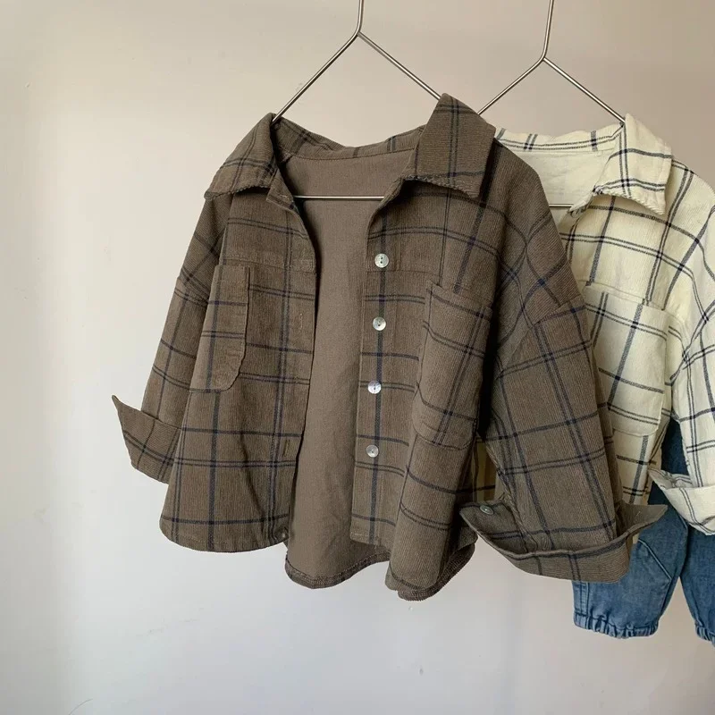 

Spring Autumn Boys and Girls Corduroy Plaid Long Sleeve Shirts 1-6 Years Children Vintage Casual Shirt Top New High Quality