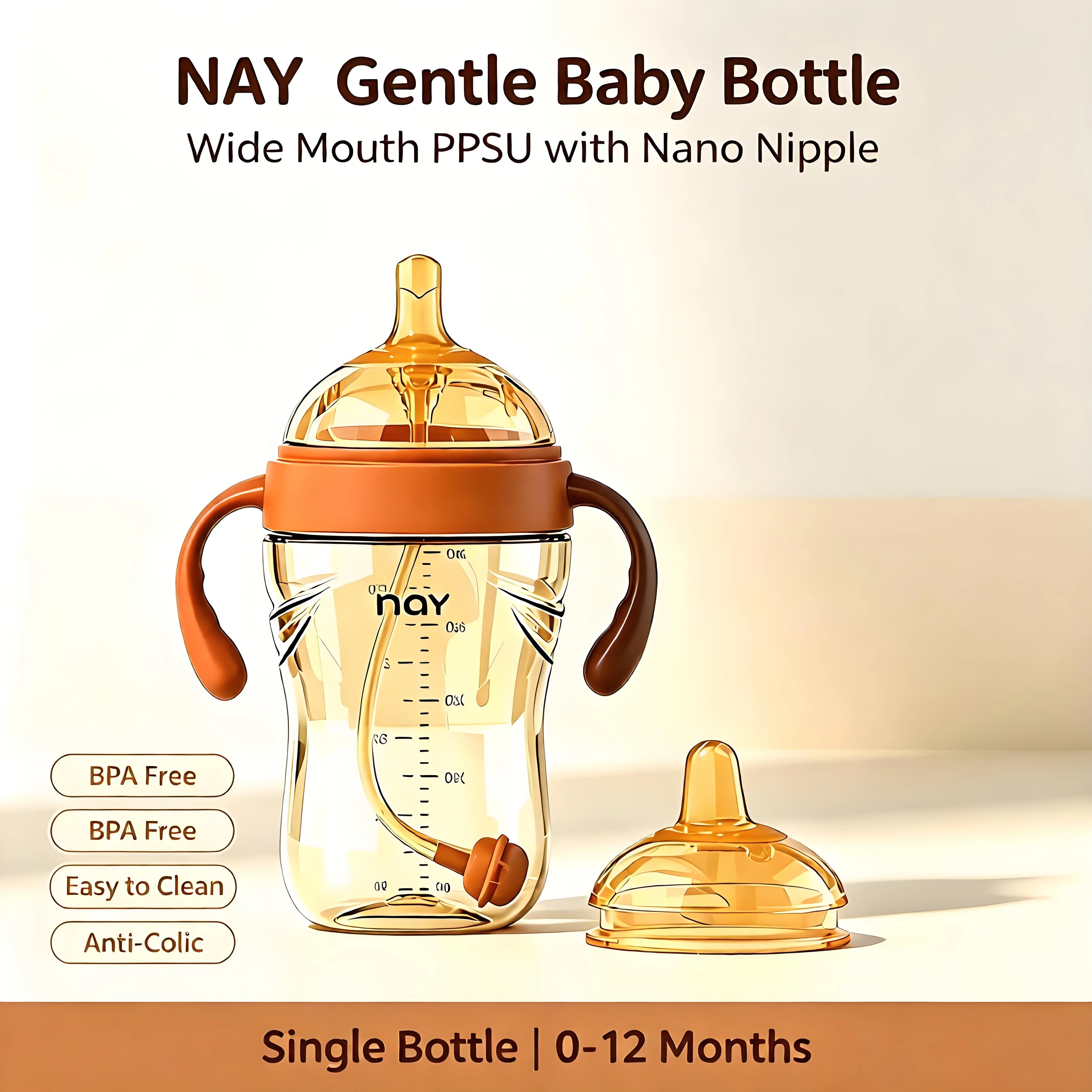 NAY Gentle Baby Bottle, Wide Mouth PPSU with Nano Nipple, BPA Free Anti-Colic Easy to Clean