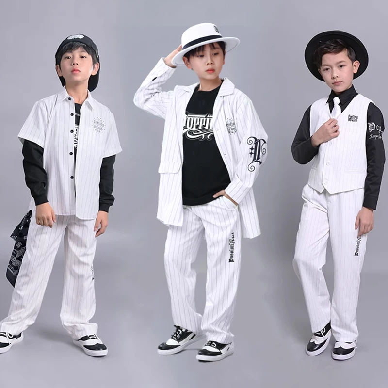 

Street Dance Children Costume Popping Dance Stage Outfit White Jacket Black Shirt Boys Hip Hop Dance Pants Jazz Dancewear 2839