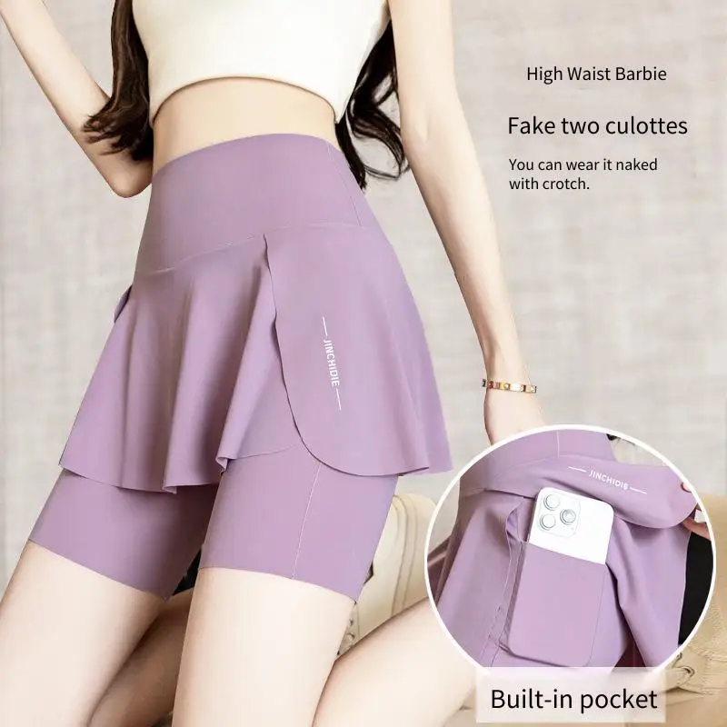 Fake Two Items Shorts Women Plus Size Skirt with Pocket Gym Trainning Running Yoga Shorts Stretchy Cycling Three Point Pants