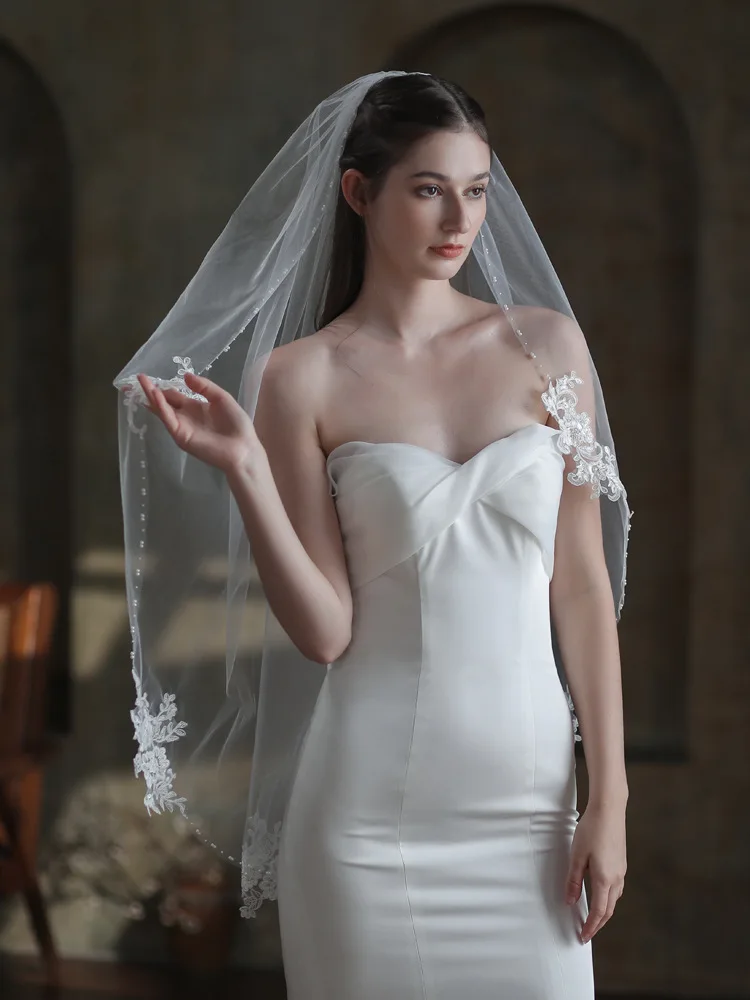 Velo da sposa bianco avorio a uno strato velo da sposa con perline in pizzo semplice rete morbida de novia voile de mariée