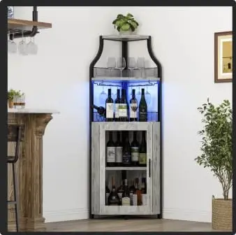 Corner Bar Cabinet LED Light Glass Holder 5-Tier Mesh Door Adjustable Shelf Home Liquor Storage Living Dining Room, Customized